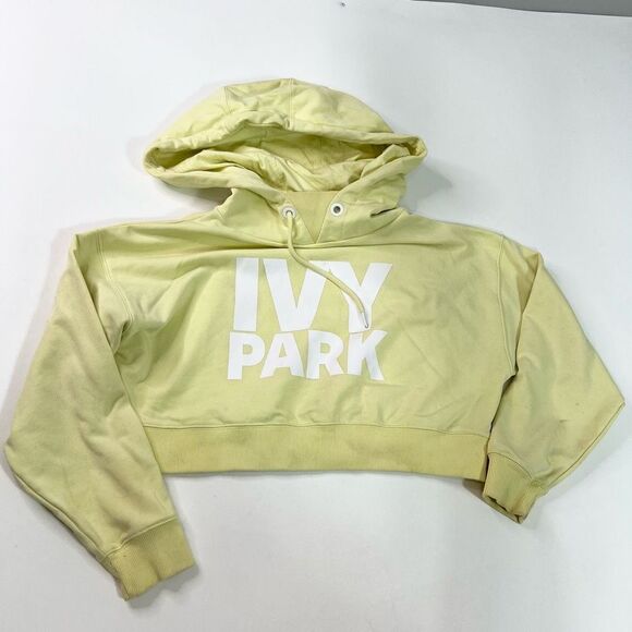 Ivy Park Cropped Hoodie Womens Medium Light Yellow Logo Print Pullover* - Picture 1 of 13